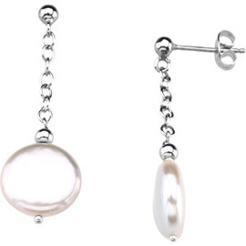 White Freshwater Cultured Coin Pearl & Sterling Silver Dangle Earrings