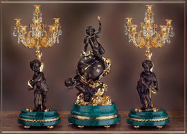 2021 Antique Style French Louis Crystal and Malachite, d'Oro Ormolu Garniture - Mantel, Table Clock, Nine Light Candelabra Set - 24k Gold, Polychrome Patina, Handmade Reproduction of a 17th, 18th Century Dore Bronze Antique, 6271
