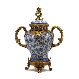 Lyvrich d'Elegance, Blue and White Butterfly Porcelain and Gilded Dior Ormolu | European Potiche Jar | Covered Statement Urn | Centerpiece | 21.67t X 16.55w X 9.85d | 6322