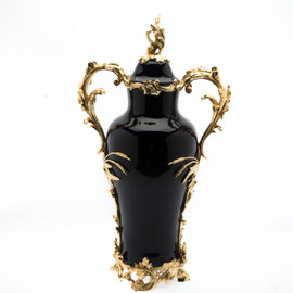 Lyvrich d'Elegance, Black Porcelain and Gilded Dior Ormolu | European Potiche Jar | Covered Statement Urn | Centerpiece | 28.96t X 15.76w X 9.73d | 6342