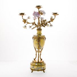 #Lyvrich d'Elegance, Porcelain and Gilded Dior Ormolu | Abstract Chinoiserie, Gold & Silver Candle Holder | Decorated with Flowers | Beautiful Candelabrum | 23.64t X 12.14w X 6.11d, 6389