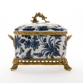 Lyvrich Objet d'Art | Handmade Dish, Covered Bowl Centerpiece, | Blue and White Flora with Soft Gold, | Bone China with Gilded Dior Ormolu Trim, | 8.47"t X 10.05"w X 6.90"d | 6480