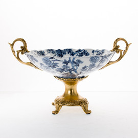 Lyvrich Objet d'Art | Handmade Compote, Statement Raised Bowl Centerpiece | Blue on Pale Blue Birdcage Theme, | Porcelain with Gilded Dior Ormolu Trim, | 10.13"t X 17.85"w X 12.92"d | 6482