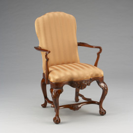 Early Georgian Queen Anne - 40 Inch Handcrafted Reproduction Dining | Accent | Armchair - Striped Upholstery 009a - Wood Tone Luxurie Furniture Finish MLSC