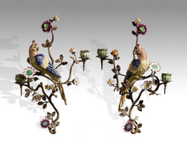 Lyvrich Objet d'Art | Handmade Candle Holder Set, Wall Bracket Sconce Pair | Parrot, Branch, Polychrome Flower, | Porcelain with Gilded Dior Ormolu Trim, | 17.25"t X 13"w X 5.51"d and 18.5"t X 12.25"w X 7"d | 6523