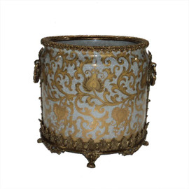 Lyvrich Objet d'Art | Handmade Trash Can, Statement Wastebasket | Crackle Lotus Scroll Arabesque, Pattern, | Porcelain with Gilded Dior Ormolu Trim, | 10"t X 11"w X 11"d | 6588