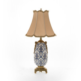 Lyvrich Objet d'Art | Handmade Tabletop Lamp, | Blue and White Brocade, | Heirloom Quality Porcelain with Gilded Dior Ormolu Trim, | 29.25"t X 14.75"w X 14.75"d | 6593