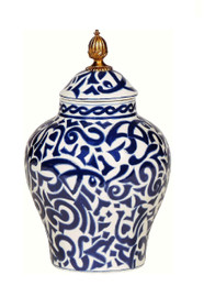 Luxe Life Classic Blue and White Pattern, Finely Finished Porcelain and Gilt Bronze Ormolu, 11 Inch Temple Jar