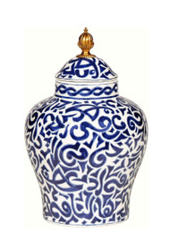Luxe Life Classic Blue and White Pattern, Finely Finished Porcelain and Gilt Bronze Ormolu, 14 Inch Temple Jar