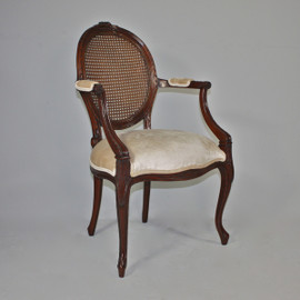 A Transitional Oval Back with Cane | Rattan - 36.5 Inch Handcrafted Reproduction French Dining | Accent Arm Chair | Fauteuil - Velvet Upholstery 053 - Walnut Luxurie Furniture Finish NWN
