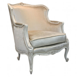 A Du Barry Louis XV - 39.5 Inch Handcrafted Reproduction French Bergere Arm Chair - Velvet Upholstery 053 - White Painted Luxurie Furniture Finish JWI