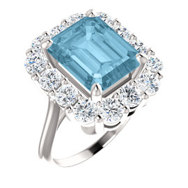 11 x 9 Emerald Shape, Lab-Created Spinel Benzgem by GuyDesign® 11 x 9 Blue Aquamarine Color and 01.68 Carats of Round Diamond Simulants, Diana Princess of Wales Ring, Platinum, 6878