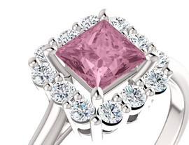 9 x 9 Benzgem by GuyDesign® Princess Cut Lab-Created Corundum 9 x 9 Vivid Pink Sapphire and 01.80 Carats of Round Imitation Diamonds, Diana Princess of Wales Ring, 14k White Gold, 6889