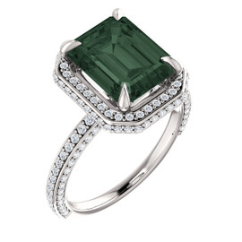 4 Carat, Emerald Cut Lab-Grown Chrysoberyl Alexandrite, Natural 176 Diamond Semi-Mount; GuyDesign® Halo Design Engagement or Right Hand Ring, 14k White Gold, 6896