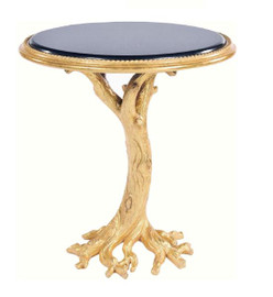 Luxe Life Tree Branch Side | Lamp Table - 22 Inch Round - Gold Leaf with Black Granite Top