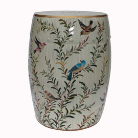 An Artisan Essence, Handmade, Handpainted Whispy Branches and Birds Garden Seat, Stool, Accent Table