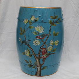 An Artisan Essence, Handmade, Handpainted Tree Branches with Flowers and Birds Garden Seat, Stool, Accent Table