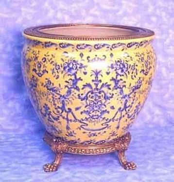 Yellow and Blue Pattern - Luxury Hand Painted Porcelain and Gilt Bronze Ormolu - 16 Inch Fish Bowl | Fishbowl Planter