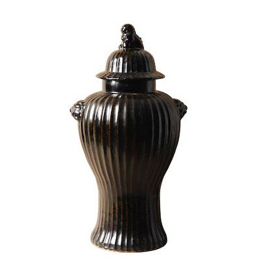 Finely Finished Porcelain Fluted Temple Jar - 27 Inch - Polished Black Finish