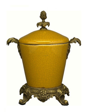 Luxe Life Glossy Yellow Crackle Finely Finished Porcelain and Parcel Gilt Bronze Ormolu - 9 Inch Covered Jar, Urn