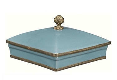 Luxe Life Glossy Sky Blue Crackle Finely Finished Porcelain and Gilt Bronze Ormolu - 7 Inch Square Decorative Box