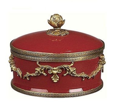 Luxe Life Glossy Red Finely Finished Porcelain and Parcel Gilt Bronze Ormolu - 6 Inch Round Decorative Box