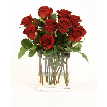 High End Natural Look, 14 Inch Silk Flower Arrangement, Red Rosebuds, Clear Glass Vase with Acrylic Water