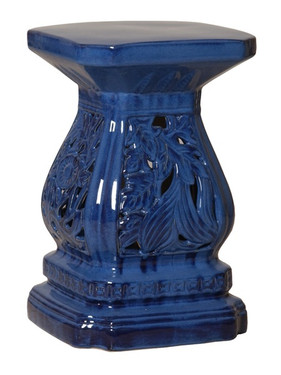 Cascader Feuillage - 19 Inch Finely Finished Ceramic Garden Stool, Table Base - Polished Blue Finish