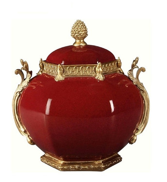 Luxe Life Glossy Red Finely Finished Porcelain and Gilt Bronze Ormolu - 10 Inch Decorative Box