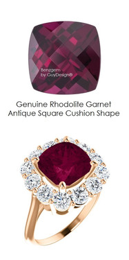 9 x 9 Cushion Cut Mined 9 x 9 Rhodolite Checkerboard Crown Garnet and Benzgem by GuyDesign® 01.56 Carats of Best Round Diamond Simulants, Diana Princess of Wales Ring, 14k Rose Gold, 7101