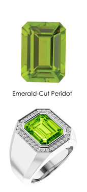 #817 Platinum CanadaMark Conflict Free Diamonds 6.2 ct. Emerald-Cut Peridot Mens Ring