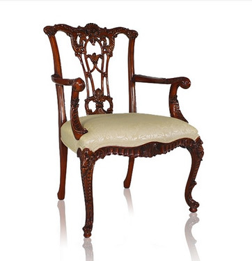 10599 English Rococo - 39 Inch Handmade Dining | Arm Chair - Damask Upholstery 040 - Wood Stain Luxurie Furniture Finish MLSC