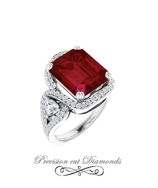 *3DA GuyDesign®, 8.37 Ct Emerald Cut Lab-Grown Created Ruby: Halo & Gemstone Engagement Ring: Natural Diamonds 14k White Gold Custom Jewelry