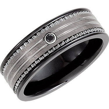 Tungsten and Ceramic Couture - Men's Wear Resistant 8.3 millimeter Custom Sized Fashion | Wedding Band - 1 Bezel Set Black Diamond - Polished and Satin Black Finish