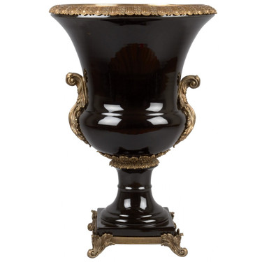 2022:10799 Luxury Chinese Porcelain 33" Black Trophy Cup Vase, Parcel Gilt Bronze Ormolu
