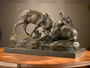Bronze & Marble 16 Inch Combative Deer Sculpture - Antique Bronze Patina