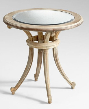 Beveled Mirror and Hardwood - 25.5"t x 26"dia. Round Side, End, Lamp Table - Washed Oak Finish, 5938