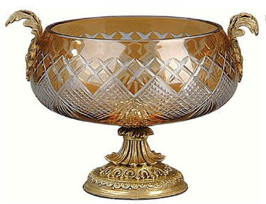 Luxe Life Finely Finished Amber Cut Glass and Gilt Bronze Ormolu - 9 Inch Pedestal Bowl