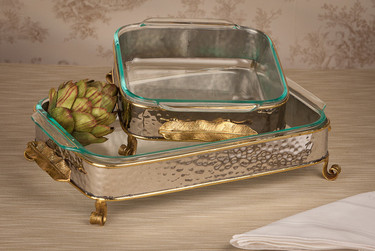 Forged Metal and Indian Brass, 15.5 x 10.5 Inch Frame Tray & Glass Bakeware , Polished Nickle and Bronze Finish, Set of Two