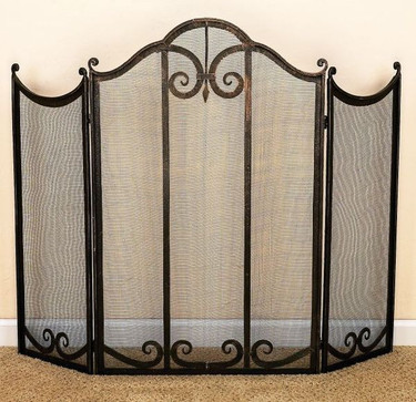 Hand Forged Iron, Classic Scroll Design, 49.5 Inch, Three Panel Firescreen, Soft Burnished Gold Finish