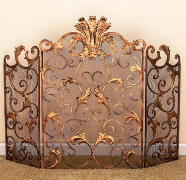 Hand Forged Iron, Acanthus Scroll Design, 46.5 Inch, Three Panel Firescreen, Antique Gold Finish