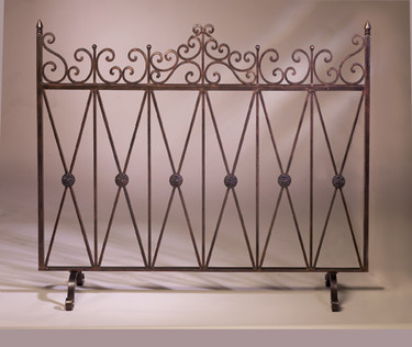 Hand Forged Iron - Medallion and Scroll Design - 50 Inch Flat Panel Fireplace Screen - Bronze Finish