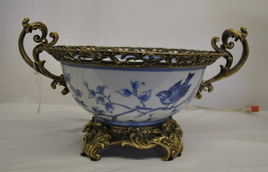 Blue and White Nature Scene - Luxury Handmade Reproduction Chinese Porcelain and Gilt Brass Ormolu - 16 Inch Statement Centerpiece Bowl - Style Q78