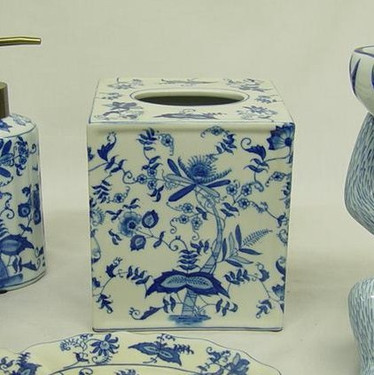 Blue and White Delicate Flower Vine, Luxury Handmade Chinese Porcelain, 6t x 5.25L x 5.25w Boudoir - Boutique Tissue Box, Style M422