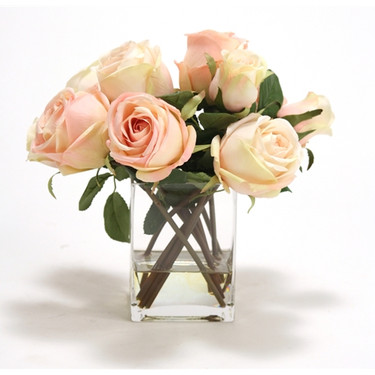High End Natural Look, 13 Inch Silk Flower Arrangement, Cream Roses, Clear Glass Vase with Acrylic Water