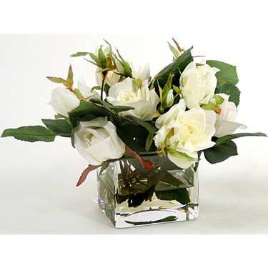 High End Natural Look, 8 Inch Silk Flower Arrangement, White Roses, Clear Glass Vase with Acrylic Water