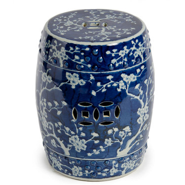 Finely Finished Ceramic Garden Stool, 17 Inch, Classic Blue and White Plum Blossom Design