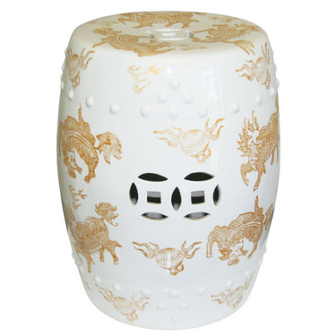 Finely Finished Ceramic Garden Stool, 17 Inch, Polished White Finish with Golden Dragons