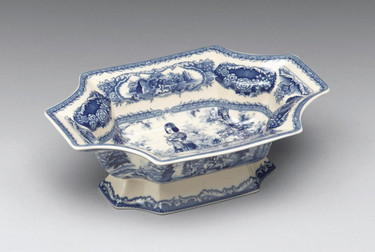 Blue and White Decorative Transferware Porcelain, Curved Corner Bowl, 9.5L X 6.5d X 3.25t