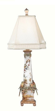 Luxe Life Hand Painted Chinoiserie - Tabletop 37 inch Lamp - Metallic Silver Leaf, Birds and Nature Scene